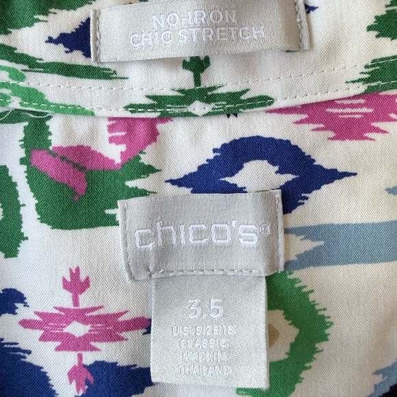 Chico's White Ikat Print Button-Up Shirt with Green, Blue and Pink Accents - Picture 5 of 11